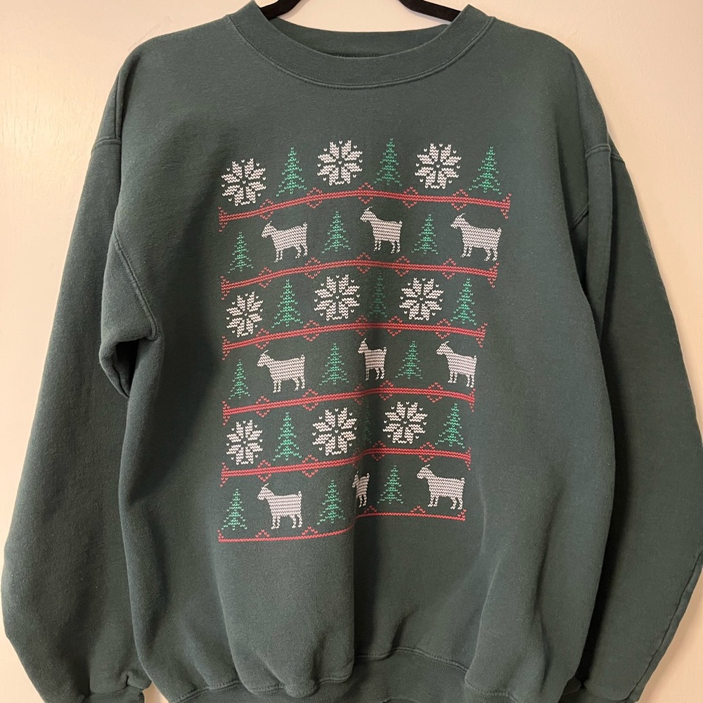 Green Crewneck Christmas Sweater with Goats